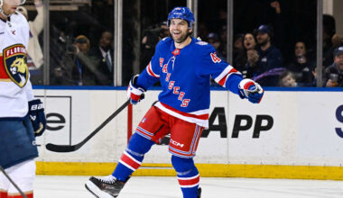 Mar 29, 2026; New York, New York, USA;  New York Rangers left wing Conor Sheary (43) celebrates his goal against the Florida Panthers during the third period at Madison Square Garden. Mandatory Credit: Dennis Schneidler-Imagn Images