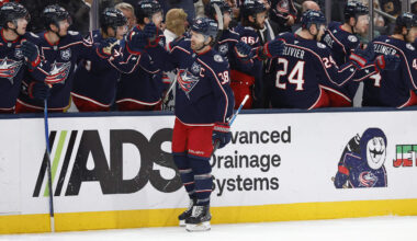 Mar 29, 2026; Columbus, Ohio, USA; Columbus Blue Jackets center Boone Jenner (38) celebrates his goal against the Boston Bruins during the first period at Nationwide Arena. Mandatory Credit: Russell LaBounty-Imagn Images