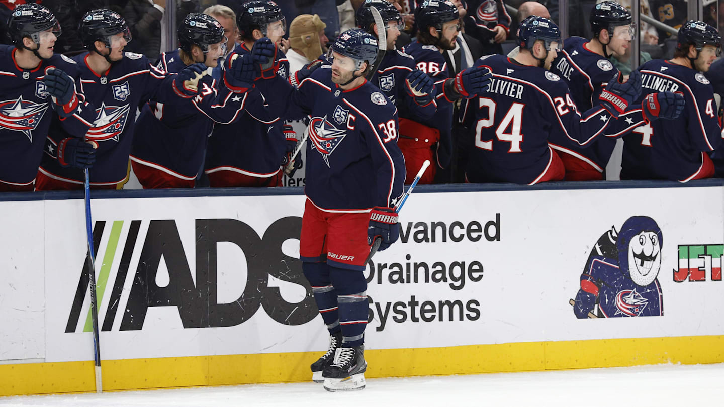 Mar 29, 2026; Columbus, Ohio, USA; Columbus Blue Jackets center Boone Jenner (38) celebrates his goal against the Boston Bruins during the first period at Nationwide Arena. Mandatory Credit: Russell LaBounty-Imagn Images