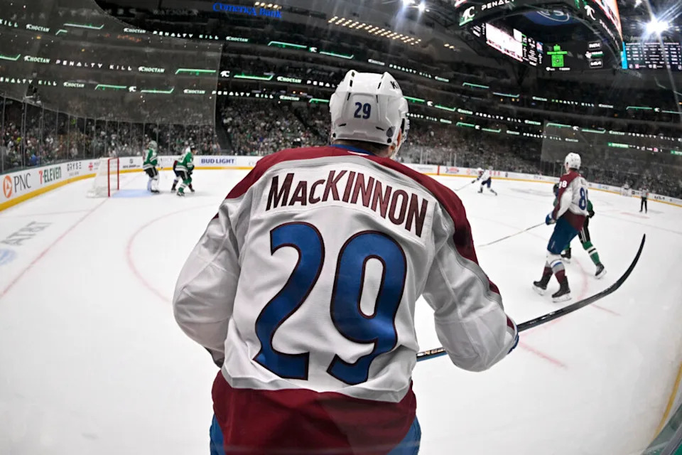 Mar 6, 2026; Dallas, Texas, USA; Colorado Avalanche center Nathan MacKinnon (29) skates against the Dallas Stars during the first period at the American Airlines Center. Mandatory Credit: Jerome Miron-Imagn Images