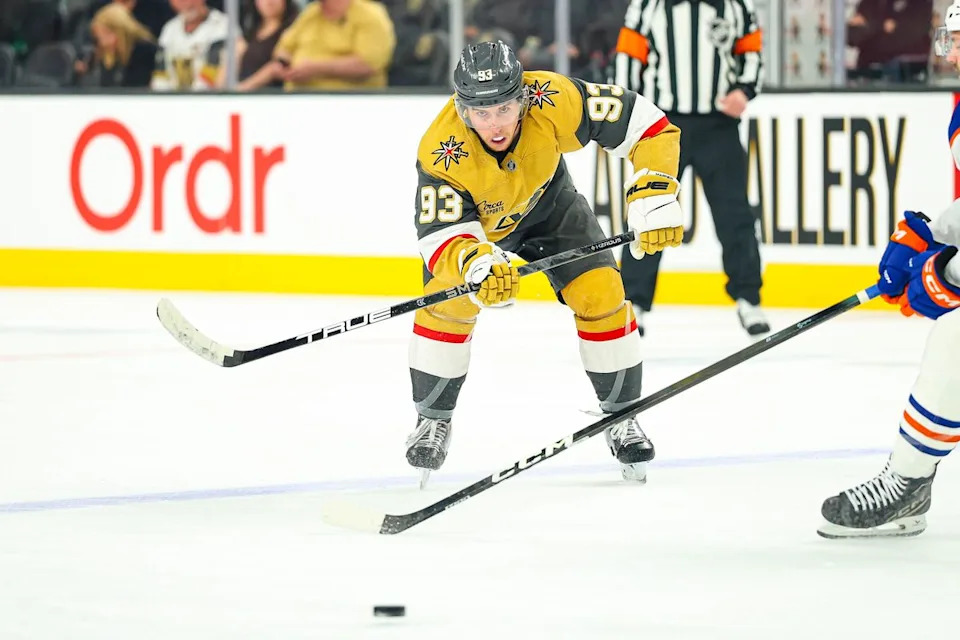 Vegas Golden Knights F Mitch Marner (93) passes the puck during an NHL game against the Edmonton Oilers on Thursday, March 26, 2026, in Las Vegas, Nevada.