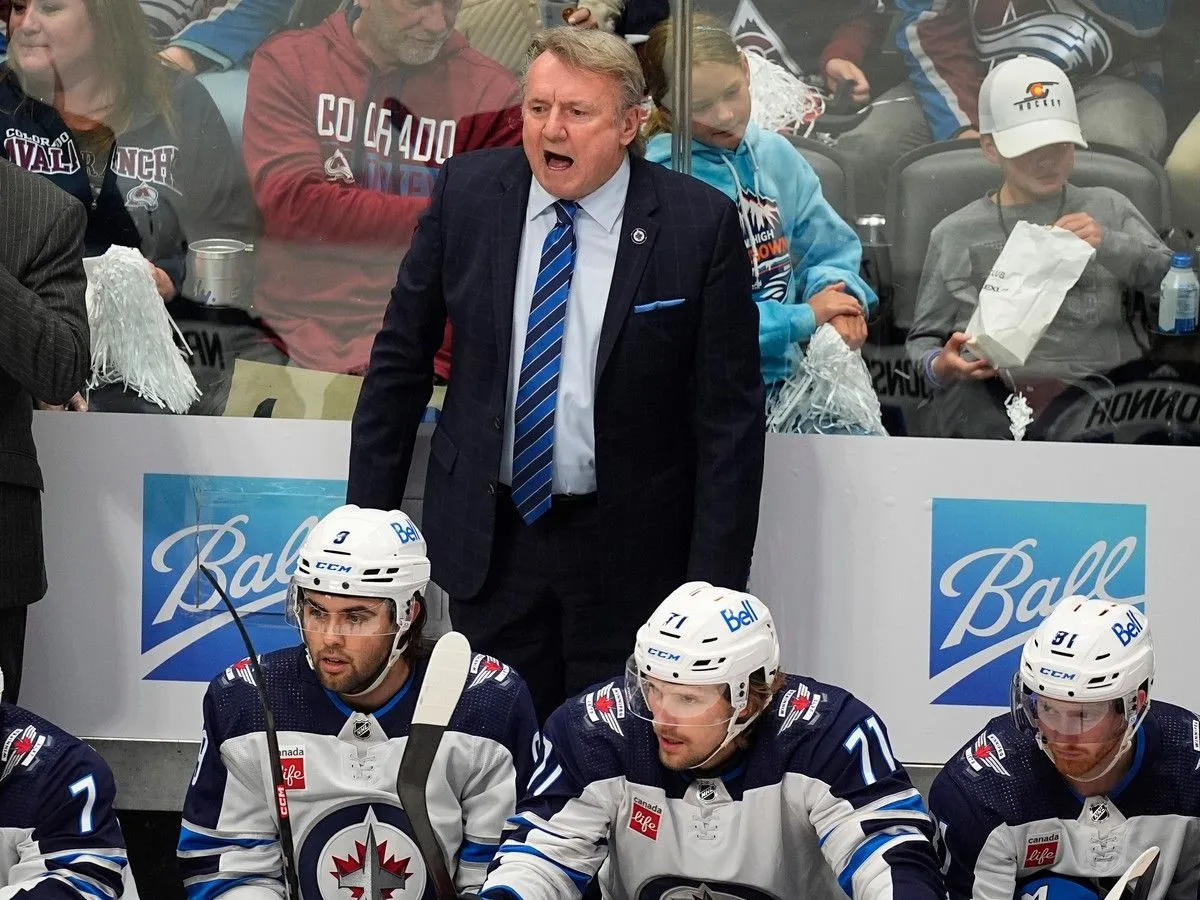 Winnipeg Jets head coach Rick Bowness yells during the first period of Game 4 playoff on April 28, 2024, in Denver.