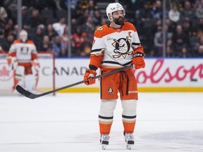 Anaheim Ducks' Radko Gudas skates during the first period of an NHL hockey game against the Vancouver Canucks.