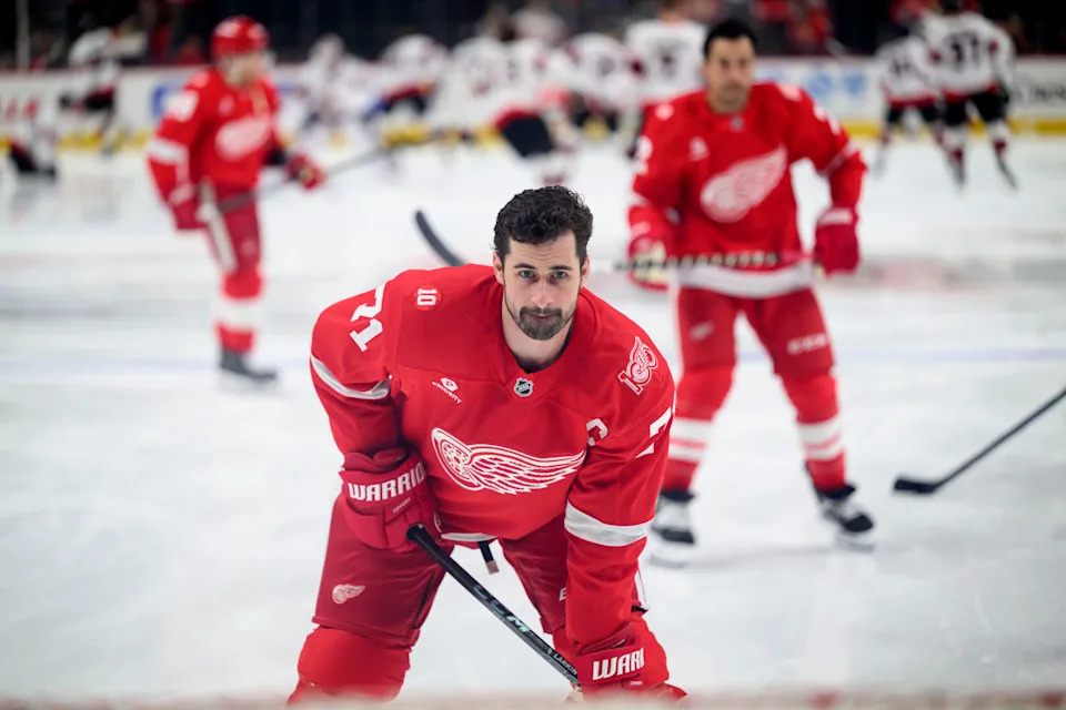 Detroit Red Wings captain Dylan Larkin takes part in pre-game warmup before the start of a game against the Ottawa Senators at Little Caesars Arena, in Detroit, March 24, 2026.