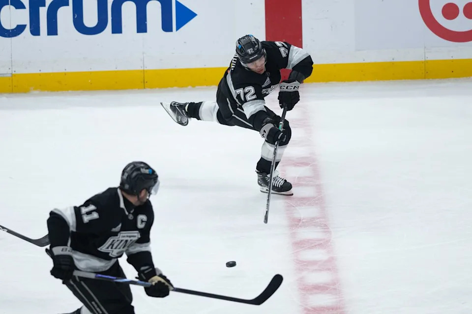 LA Kings left wing Artemi Panarin (72) makes a pass during an NHL game between the New York Islanders and the Los Angeles Kings on Thursday, March 5, 2026 at Crypto.com Arena in Los Angeles Calif