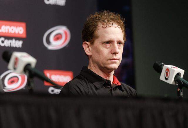 Carolina Hurricanes general manager Eric Tulsky listens during a press conference on Tuesday, June 3, 2025, at Lenovo Center in Raleigh, N.C.