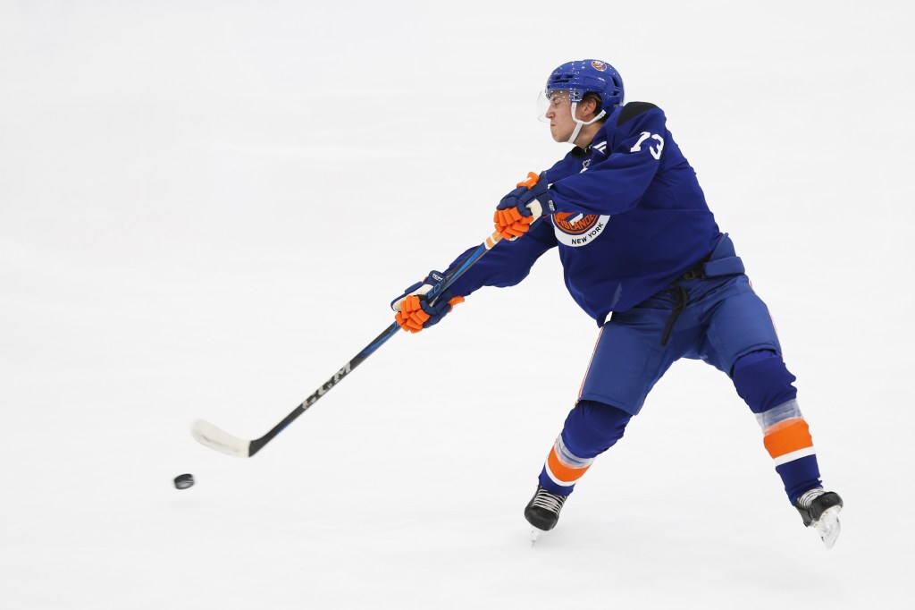 New York Islanders forward Victor Eklund (73) takes a shot during Development Camp at Northwell Health Ice Center in East Meadow, N.Y. on Monday, June 30, 2025.