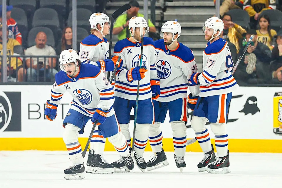 Edmonton Oilers F Matt Savoie (22) skates towards his bench after scoring a goal against the Vegas Golden Knights on Thursday, March 26, 2026, in Las Vegas, Nevada.