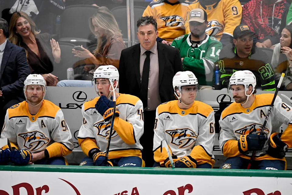 Apr 3, 2025; Dallas, Texas, USA; Nashville Predators head coach Andrew Brunette looks on during the second period against the Dallas Stars at the American Airlines Center. Mandatory Credit: Jerome Miron-Imagn Images