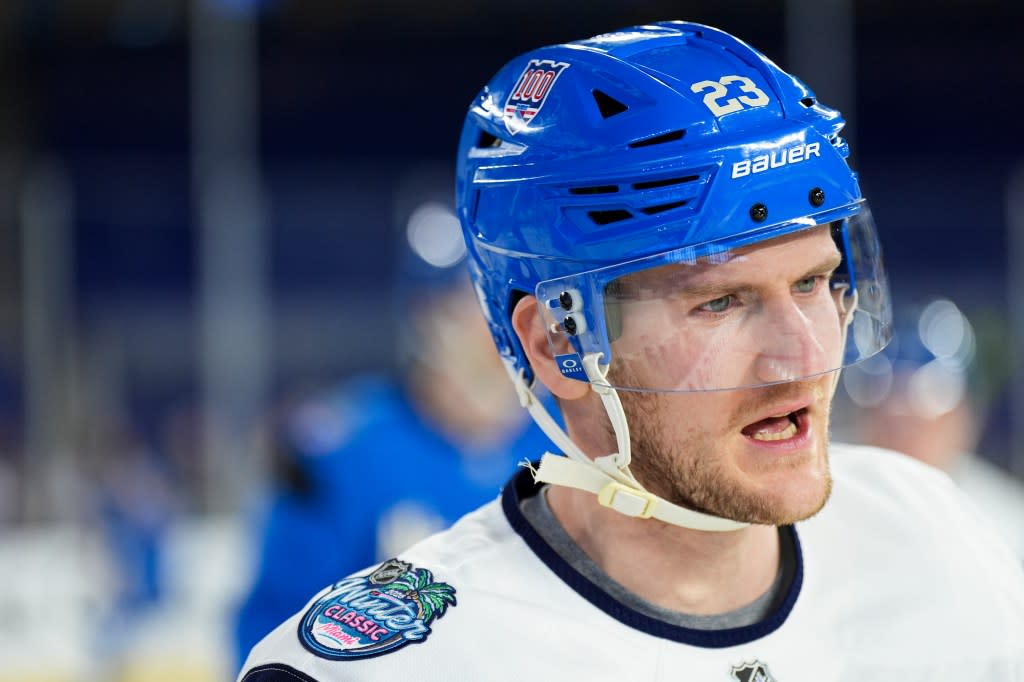 Adam Fox of the New York Rangers looks on during practice for the Discover NHL Winter Classic on January 1, 2026 at LoanDepot Park in Miami, Florida. NHLI via Getty Images
