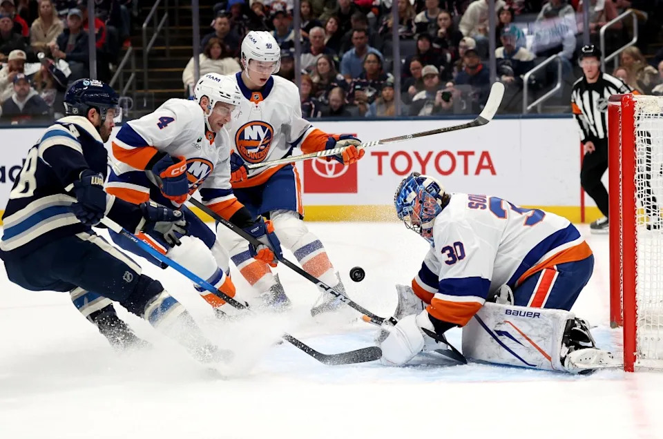 Ilya Sorokin makes a save on Boone Jenner during the first period of the Islanders’ overtime road win over the Blue Jackets. NHLI via Getty Images