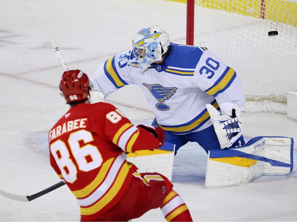  This goal by the Calgary Flames forward Joel Farabee on St. Louis Blues goaltender Joel Hofer was called back during NHL action at the Scotiabank Saddledome in Calgary on Wednesday, March 18, 2026.Gavin Young/Postmedia