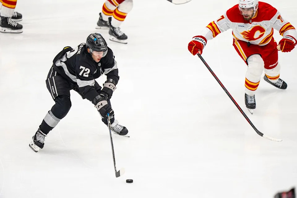 Los Angeles Kings left wing Artemi Panarin (72) moving the puck past defenders during an NHL hockey game against the Calgary Flames on February 26th, 2026 in Los Angeles, CA.