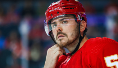 MacKenzie Weegar skating for the Calgary Flames