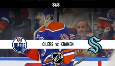 NHL game preview featuring Edmonton Oilers vs Seattle Kraken with team logos, a player in blue and orange, and action background.