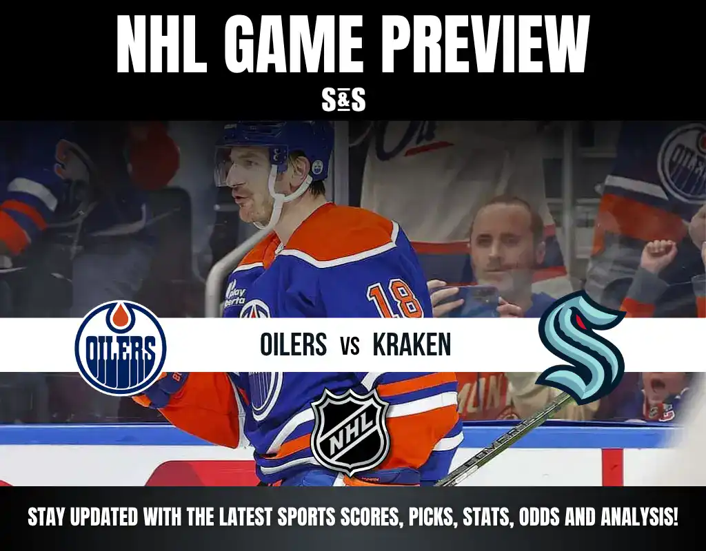 NHL game preview featuring Edmonton Oilers vs Seattle Kraken with team logos, a player in blue and orange, and action background.