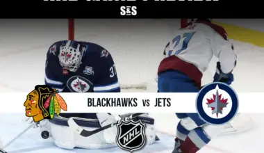 NHL game preview featuring Blackhawks vs Jets with players on ice and logos, promoting latest sports scores, picks, stats, odds, and analysis.