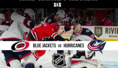 NHL game preview featuring Carolina Hurricanes vs Columbus Blue Jackets with players in action on ice during a match.