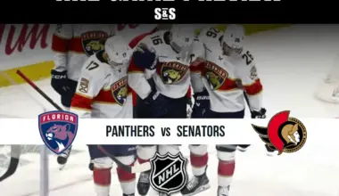 NHL Game Preview featuring the Florida Panthers vs. Ottawa Senators with text encouraging viewers to stay updated with sports scores, picks, stats, odds, and analysis.