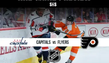 NHL Game Preview featuring Capitals vs Flyers. A player from the Washington Capitals is fighting for the puck against a Philadelphia Flyers player. Text at the bottom encourages viewers to stay updated with the latest sports scores, picks, stats, odds, and analysis.