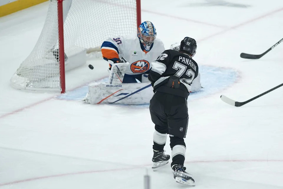 LA Kings left wing Artemi Panarin (72) scores a goal during an NHL game between the New York Islanders and the Los Angeles Kings on Thursday, March 5, 2026 at Crypto.com Arena in Los Angeles Calif
