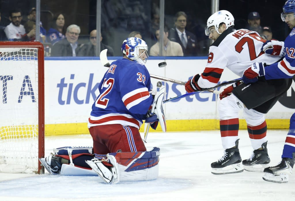 Jonathan Quick makes a save on Timo Meier during the second period of the Rangers’ loss to the Devils at the Garden. Robert Sabo for New York Post