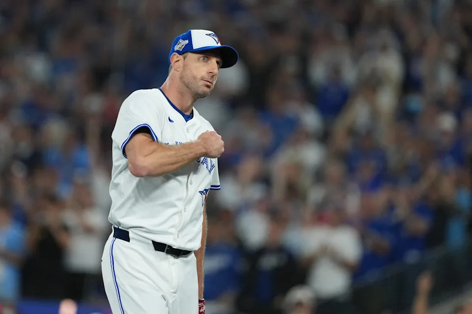 Nov 1, 2025; Toronto, Ontario, CAN; Toronto Blue Jays pitcher Max Scherzer (31) reacts after being relieved against the Los Angeles Dodgers in the fifth inning for game seven of the 2025 MLB World Series at Rogers Centre. Mandatory Credit: Nick Turchiaro-Imagn Images