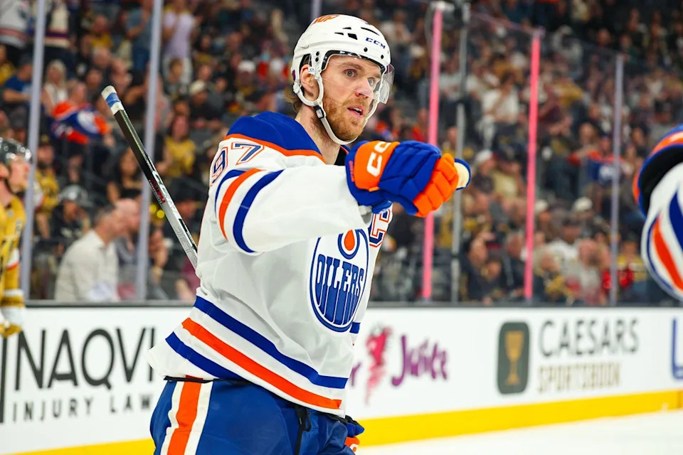 Edmonton Oilers F Connor McDavid (97) reacts after scoring a goal against the Vegas Golden Knights on Thursday, March 26, 2026, in Las Vegas, Nevada.