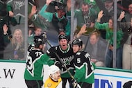 Dallas Stars right wing Nathan Bastian (11) celebrates his goal with teammates defenseman...