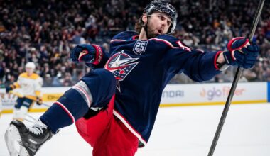 The Columbus Blue Jackets and Nashville Predators warm up prior to the NHL hockey game at Nationwide Arena in Columbus on March 3, 2026.