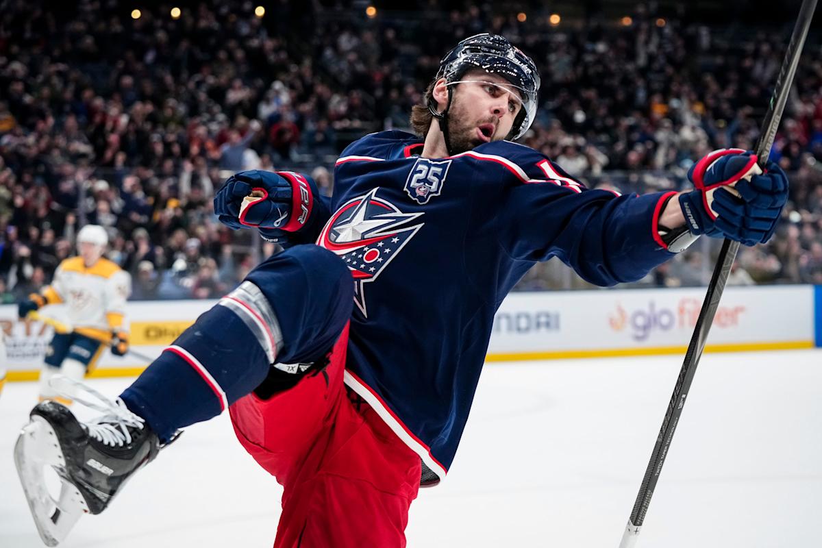 The Columbus Blue Jackets and Nashville Predators warm up prior to the NHL hockey game at Nationwide Arena in Columbus on March 3, 2026.