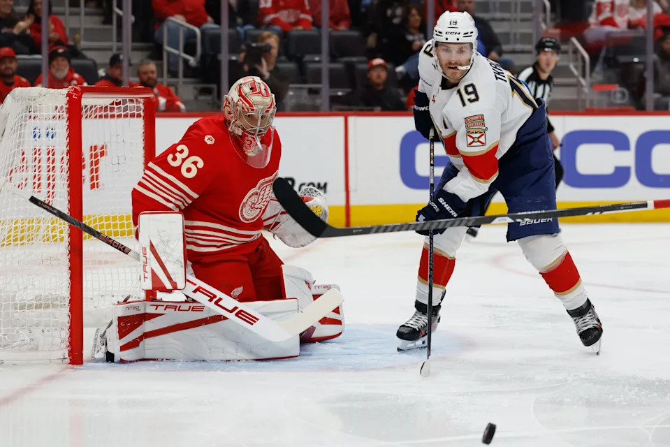 Florida Panthers left wing Matthew Tkachuk (19) looks for a rebound in front of Detroit Red Wings goaltender John Gibson (36) in the first period at Little Caesars Arena in Detroit on Friday March 6, 2026.