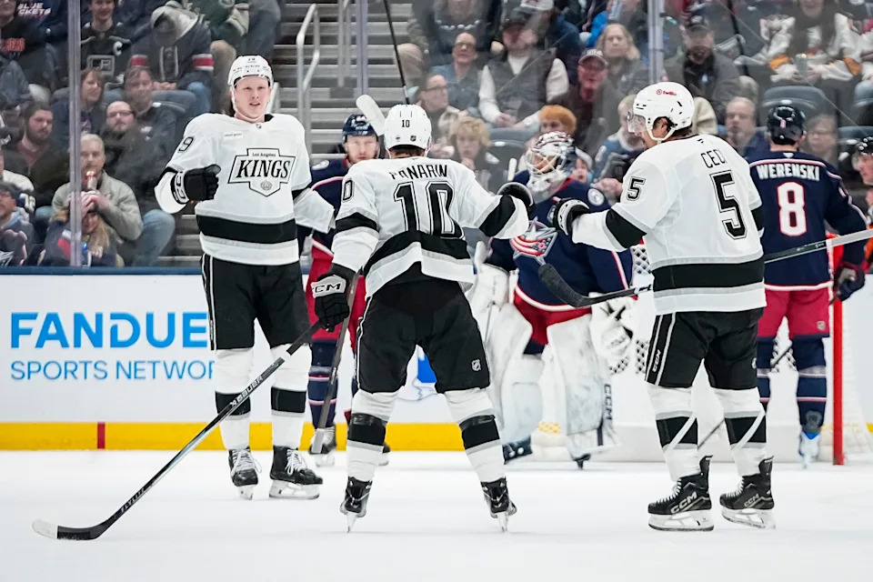 Teammates celebrate a goal by Los Angeles Kings left wing Artemi Panarin (10) during the first period of the NHL hockey game against the Columbus Blue Jackets at Nationwide Arena in Columbus on March 9, 2026.