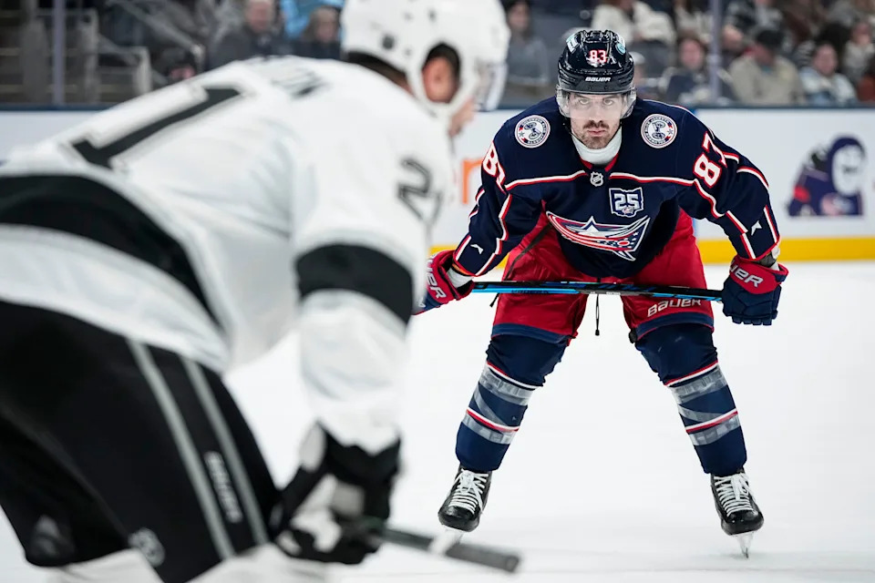 Columbus Blue Jackets right wing Conor Garland (83) lines up for a faceoff during the first period of the NHL hockey game against the Los Angeles Kings at Nationwide Arena in Columbus on March 9, 2026.