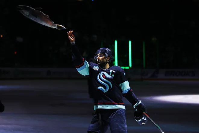 Feb 28, 2026; Seattle, Washington, USA; Seattle Kraken right wing Jordan Eberle (7) celebrates after the game against the Vancouver Canucks at Climate Pledge Arena.