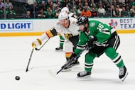 Vegas Golden Knights defenseman Jeremy Lauzon (5) and Dallas Stars center Colin Blackwell...