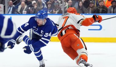 Maple Leafs star Auston Matthews leaves after knee-on-knee hit from Ducks' Radko Gudas