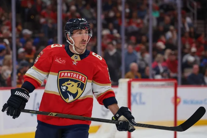 Feb 27, 2026; Sunrise, Florida, USA; Florida Panthers left wing Brad Marchand (63) looks on against the Buffalo Sabres during the first period at Amerant Bank Arena.