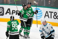 Dallas Stars defenseman Thomas Harley (55) celebrates his game-winning goal with center...