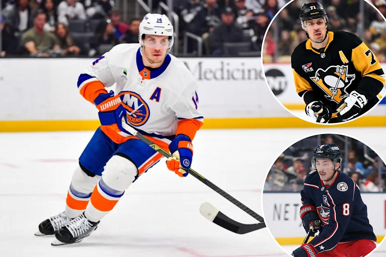 An image collage containing 3 images, Image 1 shows Bo Horvat of the New York Islanders on the ice during a game against the Los Angeles Kings, Image 2 shows Evgeni Malkin of the Pittsburgh Penguins skates with his stick on the ice, facing a Vegas Golden Knights player, Image 3 shows Columbus Blue Jackets defenseman Zach Werenski (8) controls the puck as Los Angeles Kings right wing Adrian Kempe (9) trails the play