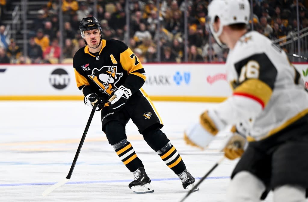 Evgeni Malkin #71 of the Pittsburgh Penguins skates against the Vegas Golden Knights. NHLI via Getty Images