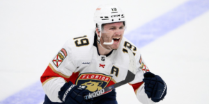 Matthew Tkachuk celebrating a goal for the Florida Panthers