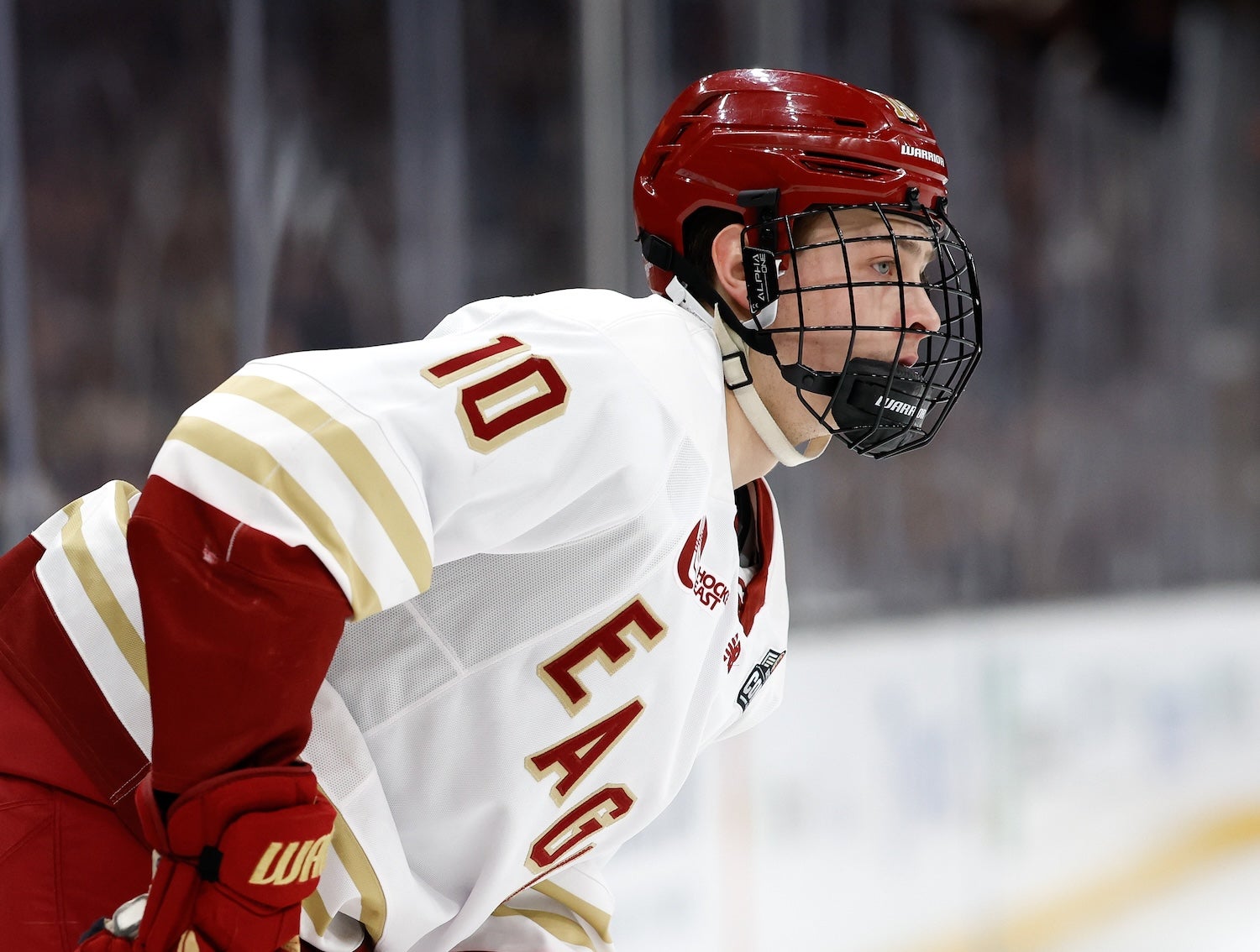 BOSTON, MASSACHUSETTS - FEBRUARY 9: James Hagens #10 of the Boston College Eagles skates against the Boston University Terriers in the first period during NCAA hockey in the championship game of the annual Beanpot Hockey Tournament at TD Garden on February 9, 2026 in Boston, Massachusetts. (Photo by Richard T Gagnon/Getty Images)