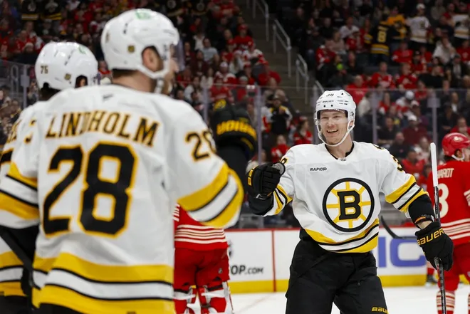 Mar 21, 2026; Detroit, Michigan, USA; Boston Bruins center Morgan Geekie (39) celebrates with center Elias Lindholm (28) after a goal by Lindholm in the third period against the Detroit Red Wings at Little Caesars Arena.