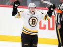 Boston Bruins centre Fraser Minten celebrates his game-winning goal in a shootout against the Washington Capitals, Saturday, March 14, 2026, in Washington. 