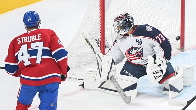 Montreal Canadiens' Jayden Struble (47) scores against Columbus Blue Jackets...