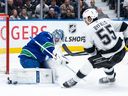 Vancouver Canucks goaltender Kevin Lankinen (32) stops Los Angeles Kings' Quinton Byfield (55) during the second period at Rogers Arena on Thursday night. The Kings won 4-0.
