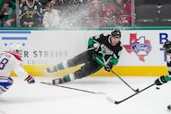 Dallas Stars right wing Mikko Rantanen (96) slips to the ice as Montréal Canadiens...