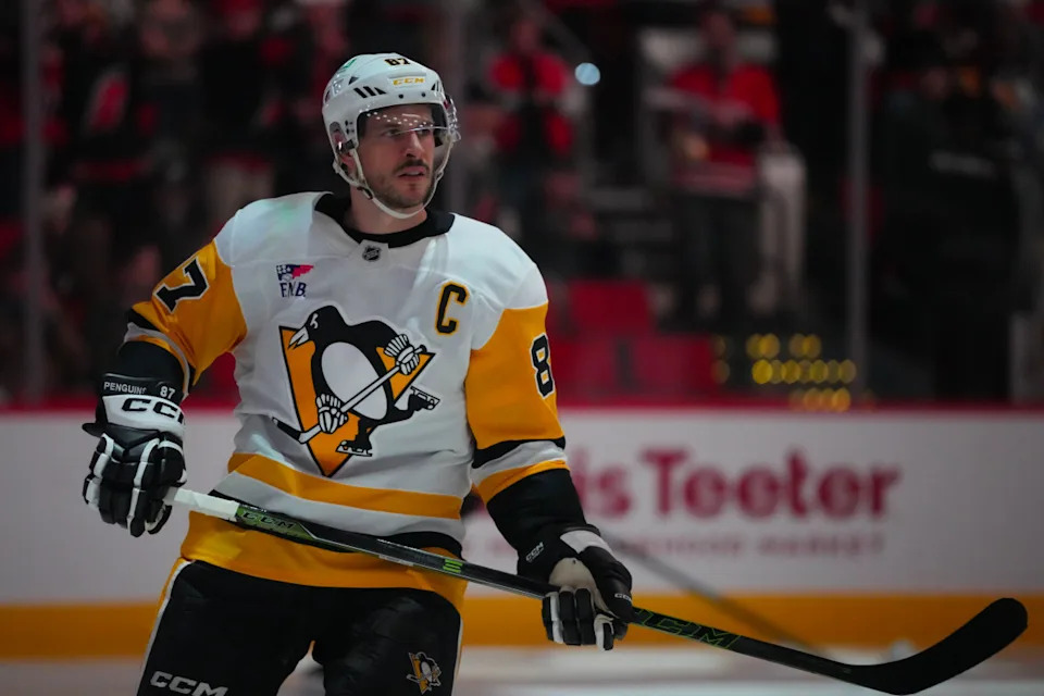 Pittsburgh Penguins center Sidney Crosby skates before the start of a game.James Guillory-Imagn Images