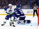 Vancouver Canucks winger Linus Karlsson celebrates his third period goal against the Lightning at Benchmark International Arena in Tampa, Fla. on Nov. 16, 2025.
